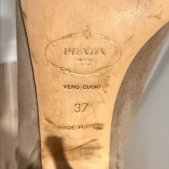 Prada Women's Taupe Suede Knotted Peep-Toe Heels - Picture 7 of 7